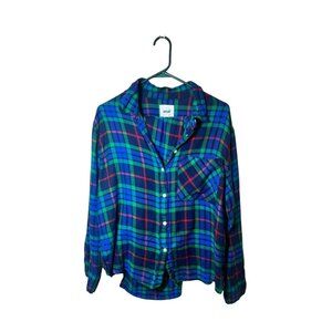 Aerie Womens Plaid Button pajama Shirt & Pants Size M Blue/Green Flannel pjs